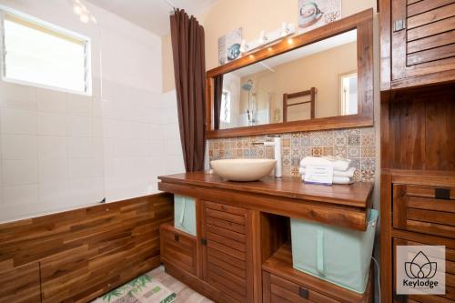 een badkamer met een wastafel en een spiegel bij Gecko Zen - 3* - 95m2 - 20min du cirque de Salazie - Bras-Panon in Bras-Panon