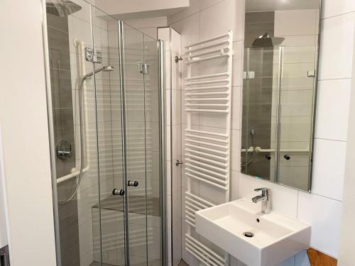 La salle de bains est pourvue d'un lavabo et d'une douche en verre. dans l'établissement Workers Apartment in Offenbach, à Gravenbruch
