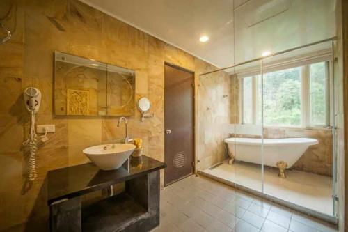 南庄的住宿－幸福綠光峇里島渡假會館，带浴缸、水槽和浴缸的浴室