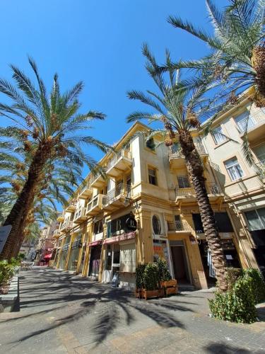 a street with palm trees in front of a building at Fellini 8 1/2 in Haifa