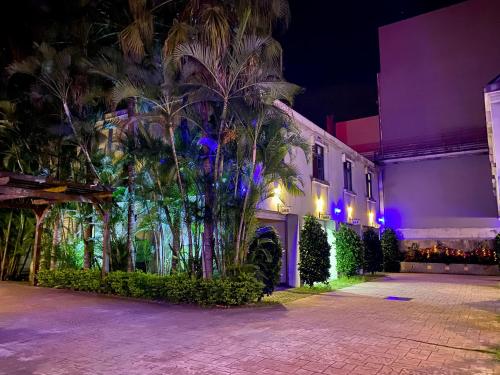 a night view of a building with palm trees and lights at 楓采行館 in Fengyuan
