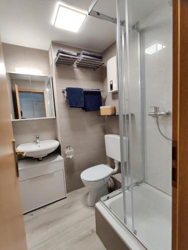 a bathroom with a shower and a toilet and a sink at H-Lodges - TOP City-Appartments in Essen in Essen