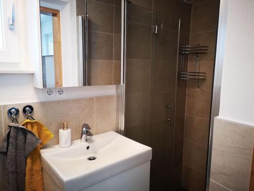 a bathroom with a white sink and a shower at Apartment direkt am Weingut Garber in Etzendorf