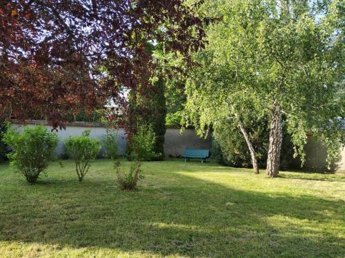 um banco de parque sentado no meio de um quintal em Le Victor-Verdure-jardin apaisant em Chartres