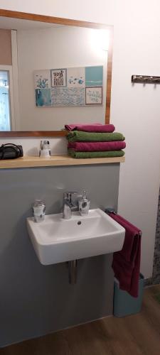 a bathroom with a white sink and a mirror at Modernes Souterrain Apartment mit separatem Eingang und Stellplatz in Bad Dürrheim