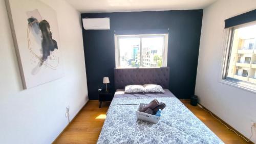 ein kleines Schlafzimmer mit einem Bett und einem Korb darauf in der Unterkunft 2 Apts - 12 guests! Comfy and Unique Apt with 150Mbit internet speed in Larnaka