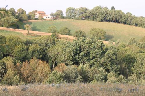 a hill with trees and a house in the distance at Pour les amoureux de la nature. in Saint-Cirgue