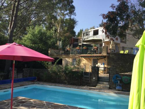 - une piscine avec un parasol et une maison dans l'établissement Le Clos Joly, à Lamalou-les-Bains