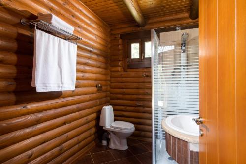 a wooden bathroom with a toilet and a sink at Natura Chalets in Méga Khoríon