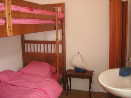 1 Schlafzimmer mit 2 Etagenbetten und einem Waschbecken in der Unterkunft Maison de famille sur l'île de Groix in Groix