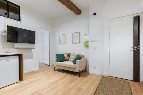 a living room with a couch and a television at Le Cocon de Saint Anne in Montpellier
