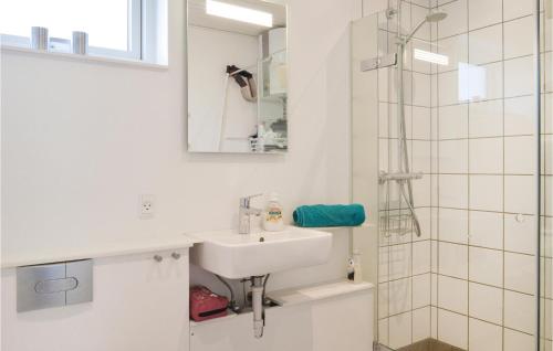 La salle de bains blanche est pourvue d'un lavabo et d'une douche. dans l'établissement Cozy Home In Kirke Hyllinge With Kitchen, à Sæby