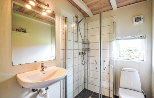 a bathroom with a sink and a shower with a mirror at 4 Bedroom Cozy Home In Hvide Sande in Havrvig