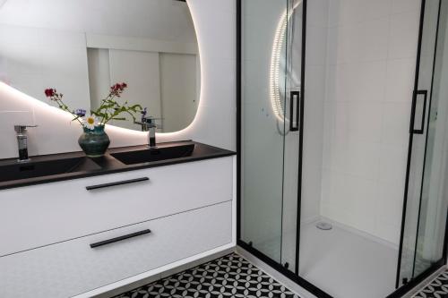 a bathroom with a sink and a mirror at Luxe en ruim appartement in Rijksmonument in Vianen