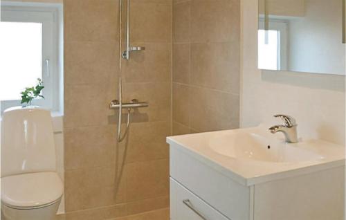 een badkamer met een douche, een toilet en een wastafel bij Nice Home In Thisted With Indoor Swimming Pool in Klitmøller