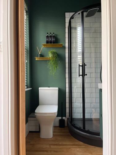 a bathroom with a toilet and a green wall at The Boot Room Ground Floor Studio Apartment in Burnham-on-Crouch