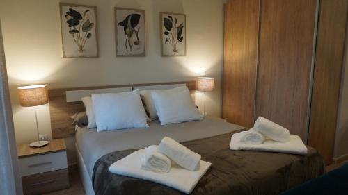 a hotel room with a bed with towels on it at Apartamentos Hernán Cortés in Villanueva de la Serena