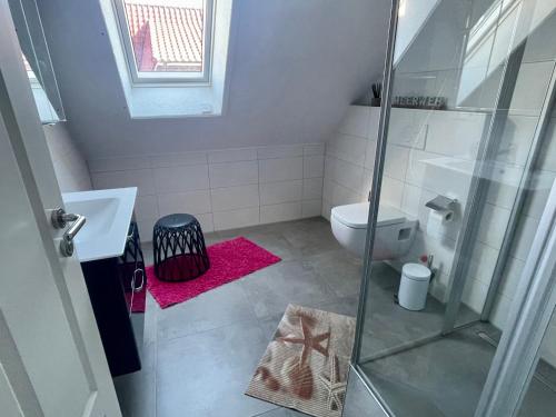 uma casa de banho com um WC e uma cabina de duche em vidro. em Ferienwohnung MeerWeh Greetsiel em Krummhörn