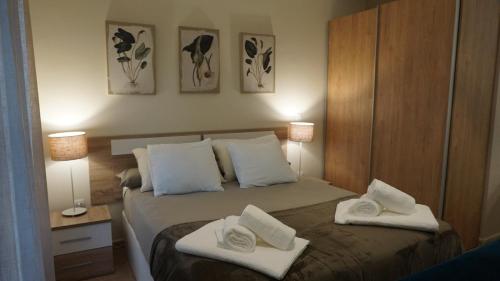 ein Schlafzimmer mit einem Bett mit zwei Handtüchern darauf in der Unterkunft Apartamentos Hernán Cortés in Villanueva de la Serena