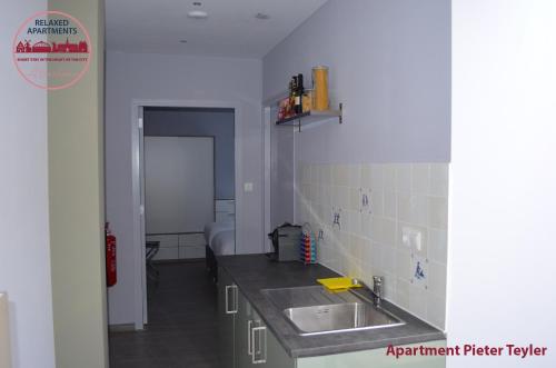 a kitchen with a sink and a counter top at Relaxed Apartments Haarlem in Haarlem