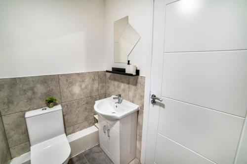 a bathroom with a toilet and a sink and a mirror at Cocooning Romance in Leicester in Leicester