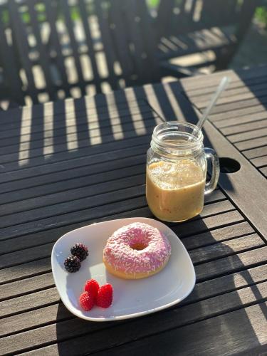 a plate with a pink doughnut and berries on a table at eco boutique hotel AMS Beagle in Bled