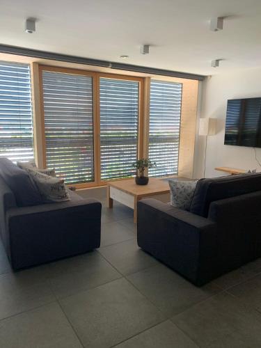 a living room with two couches and a tv at eco boutique hotel AMS Beagle in Bled