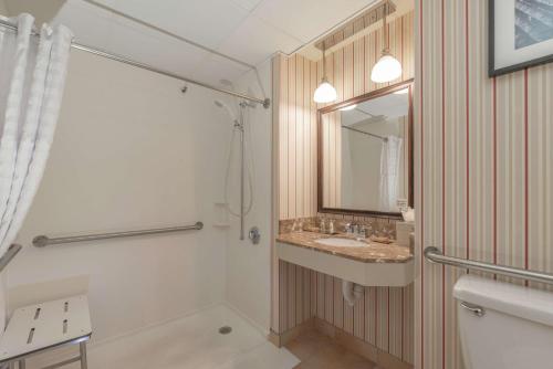 W łazience znajduje się umywalka, prysznic i lustro. w obiekcie DoubleTree by Hilton Bloomington Minneapolis South w mieście Bloomington