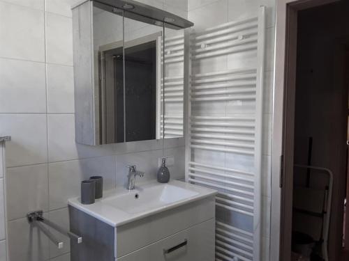 La salle de bains blanche est pourvue d'un lavabo et d'un miroir. dans l'établissement Ferienwohnung Haus Emmerich, à Sarrebourg