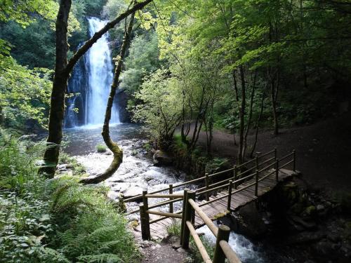 a bridge over a stream in a forest with a waterfall at Lar da cima in Folgoso