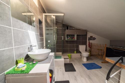 uma casa de banho com um lavatório e um WC em Villa Marie Carmen em Rivesaltes