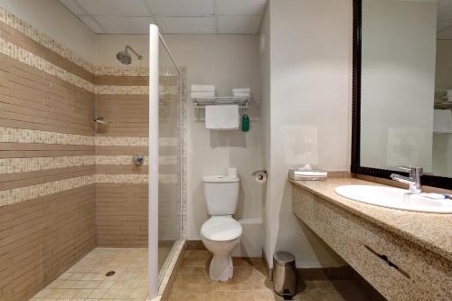 a bathroom with a shower and a toilet and a sink at Protea Hotel by Marriott Chipata in Chipata