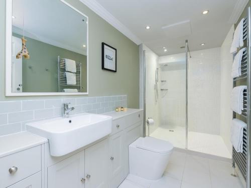 y baño con lavabo, aseo y ducha. en Pass the Keys Stunning garden flat with parking, en Bath