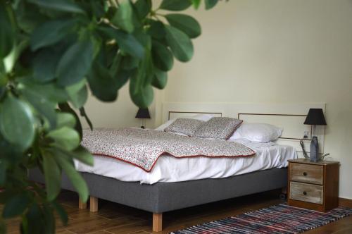 sypialnia z łóżkiem i rośliną w obiekcie ZielonoMi w mieście Zieleniak