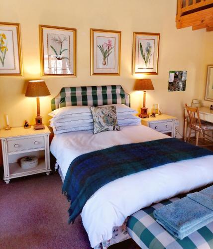 a bedroom with a large bed and two tables and two lamps at Peebles Cottage in Clarens