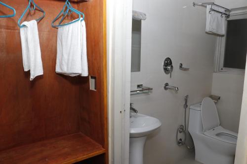 een badkamer met een wastafel, een toilet en een douche bij Peshal Home in Kathmandu