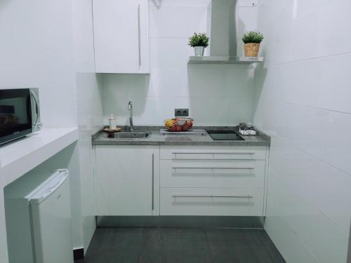 a white kitchen with a sink and a microwave at Apto La Almena 2 junto a Plaza Mayor,2 habitaciones,parking gratuito in Cáceres