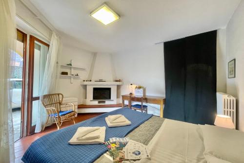 a bedroom with a blue bed and a fireplace at Menaggio 57 in Menaggio