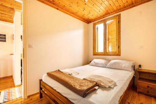 a bedroom with a bed with a wooden ceiling at Platanos apartment in Chortáta