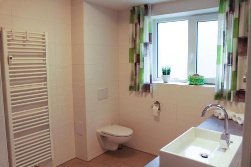 a bathroom with a toilet and a sink and a window at LM 9-1-1 - Ferienwohnung Wremer Bogen Komfort in Schottwarden