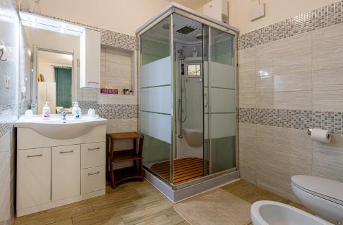 ein Bad mit einer Dusche, einem Waschbecken und einem WC in der Unterkunft casetta della fontana in Serra Rocco