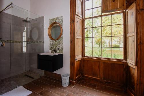 uma casa de banho com um chuveiro, um lavatório e uma janela em Heins Manor House em Stellenbosch