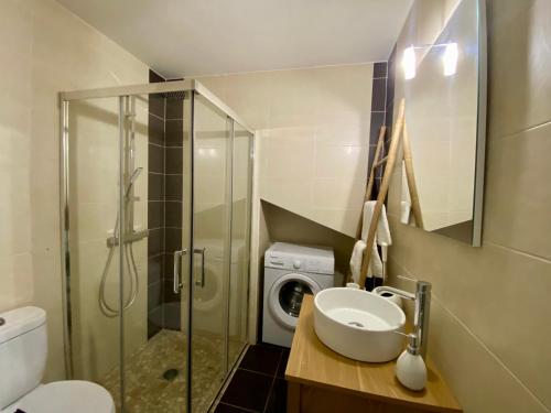 une salle de bain avec un lavabo et une machine à laver dans l'établissement L'improbable rendez-vous, à Montauban