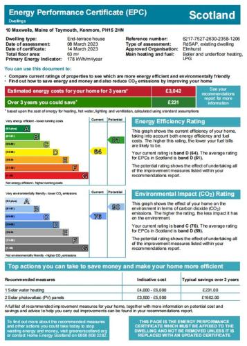 a screenshot of a document with descriptions of emergency performance certificates at Mains of Taymouth Country Estate 5* Maxwell Villas in Kenmore