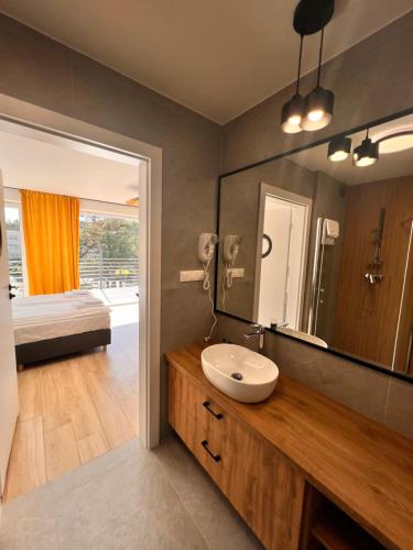 a bathroom with a sink and a mirror at Columbus Rowy in Rowy