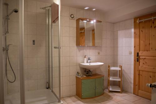 ein Bad mit einem Waschbecken und einer Dusche in der Unterkunft Café Burgstraße in Wernigerode