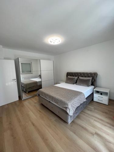 a bedroom with a large bed and a mirror at Apartman Aranđelovac in Arandjelovac