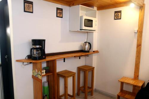 uma pequena cozinha com um balcão e um micro-ondas em Loft Mendoza Capital Musica y Fotografia em Mendoza
