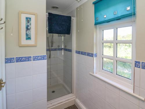 a bathroom with a shower and a window at The Station Flat in Newlyn East