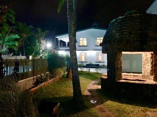 a house at night with a tree in front of it at White Castle villa in Pereybere